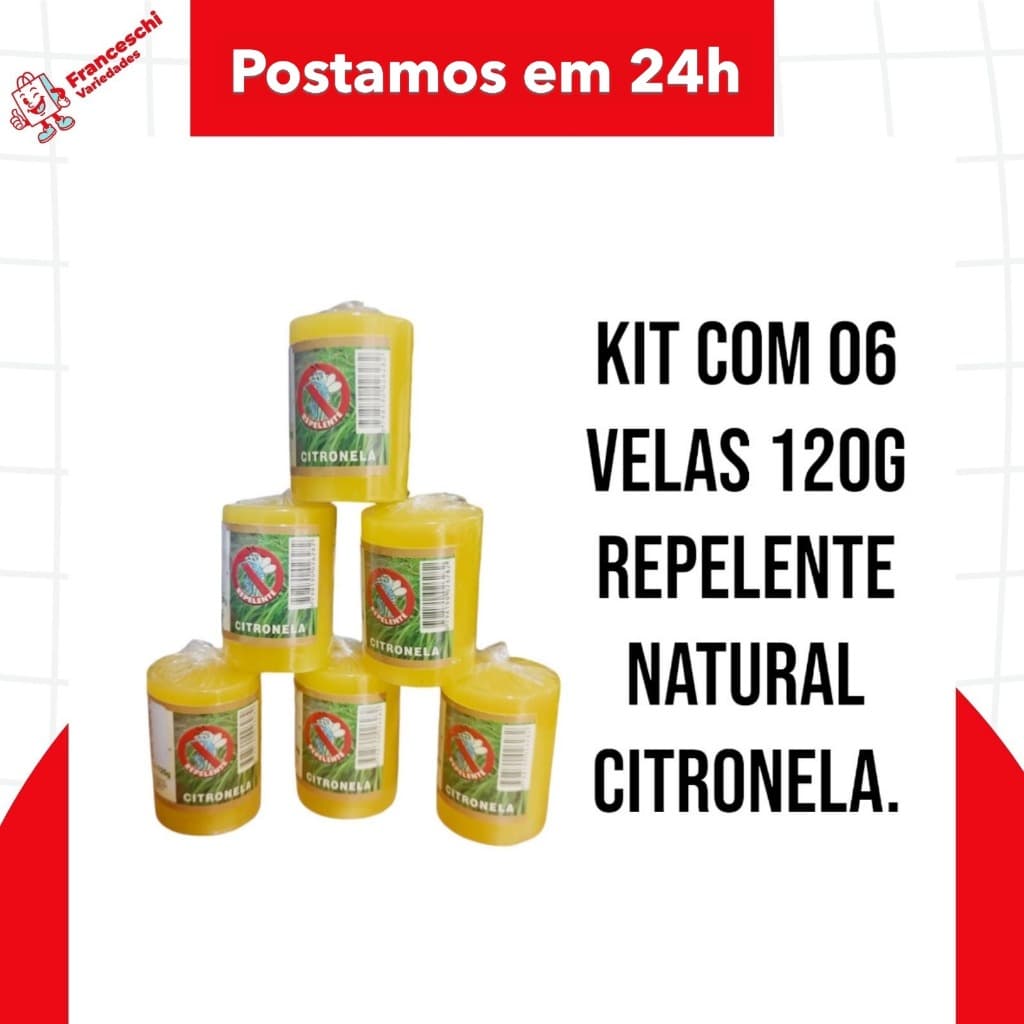Kit 06 velas repelente natural de 120g citronela pernilongos borrachudo parafina pura promoção.