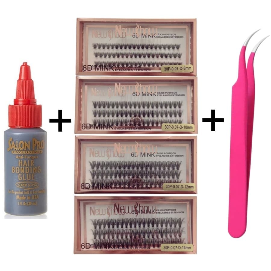 Conjunto de Cola 30ml Salon Pro + Pinça Vetus + Cílios Postiços 30P-0.07-D NEW SHOW - Tufos Sem nó