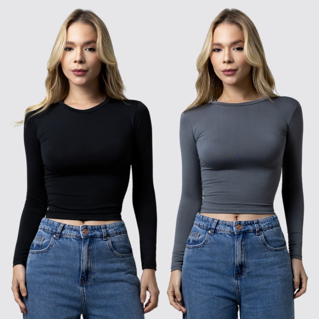 Kit 2 Blusa Feminina Manga Longa de Compressão - Blusinha Manga Comprida - Ajuste Perfeito Baby Tee