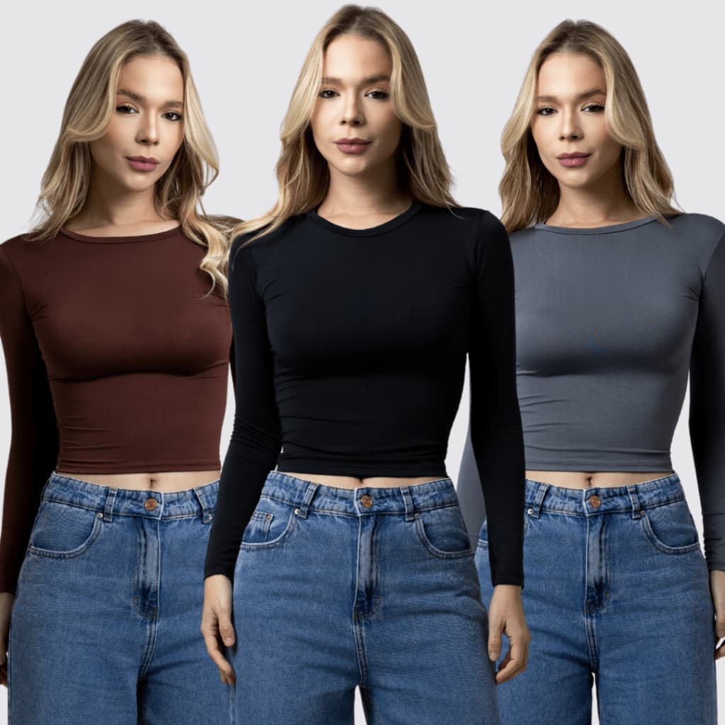 Kit 3 Blusa Feminina Manga Longa de Compressão - Blusinha Manga Comprida - Ajuste Perfeito Baby Tee