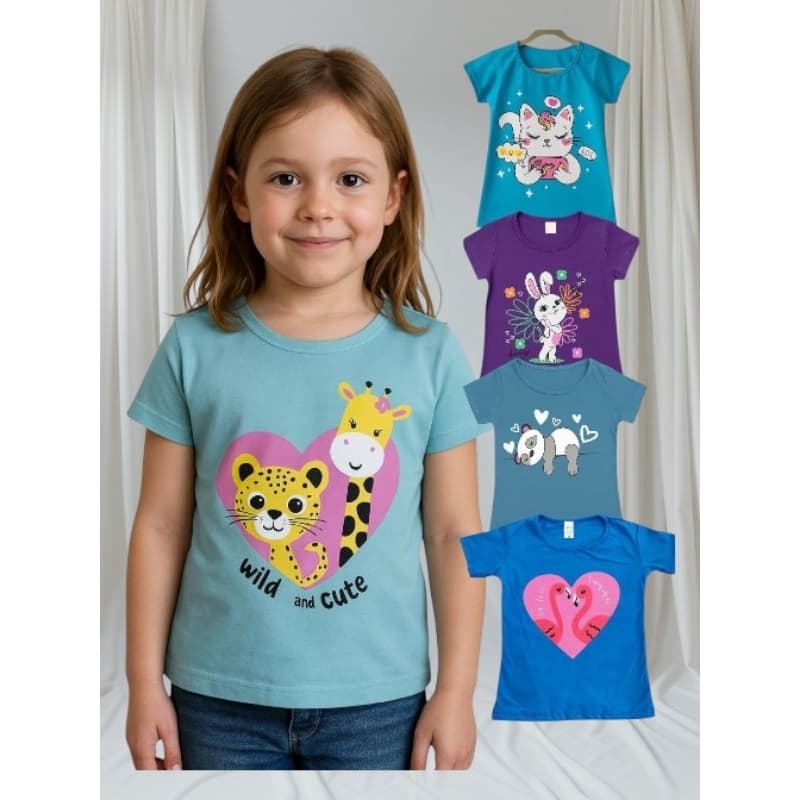 Kit 5 👕 Camiseta Infantil menina Manga Curta – Estampas Divertidas | Tamanho 2 ao 8 anos