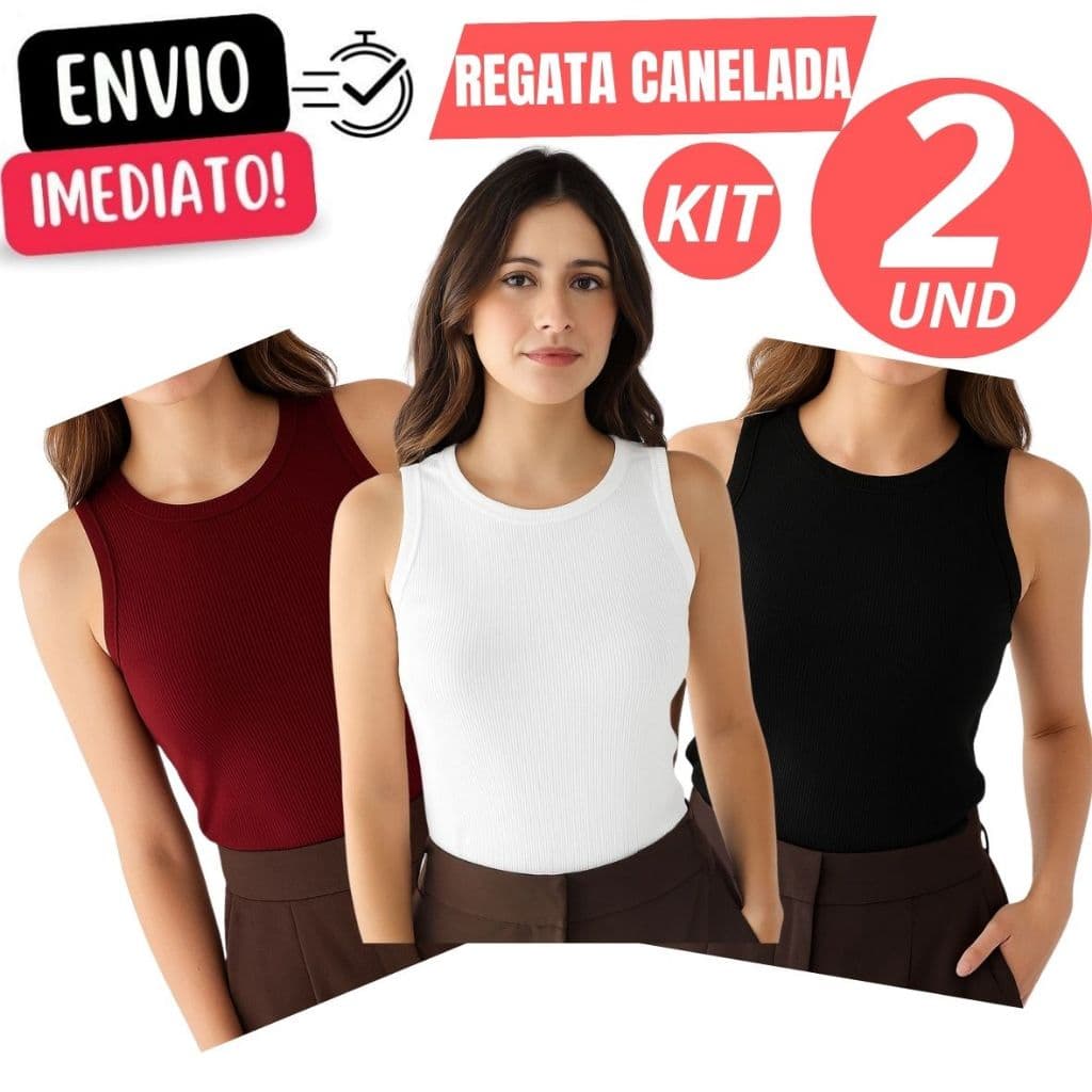 Kit 2 Blusa Regata Feminina Básica Canelada Malha Primeira Linha