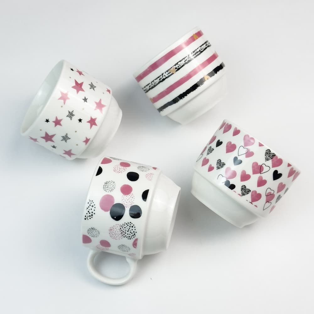 Kit 4 Xícaras Cerâmicas + 1 Suporte Torre de Metal 150ml