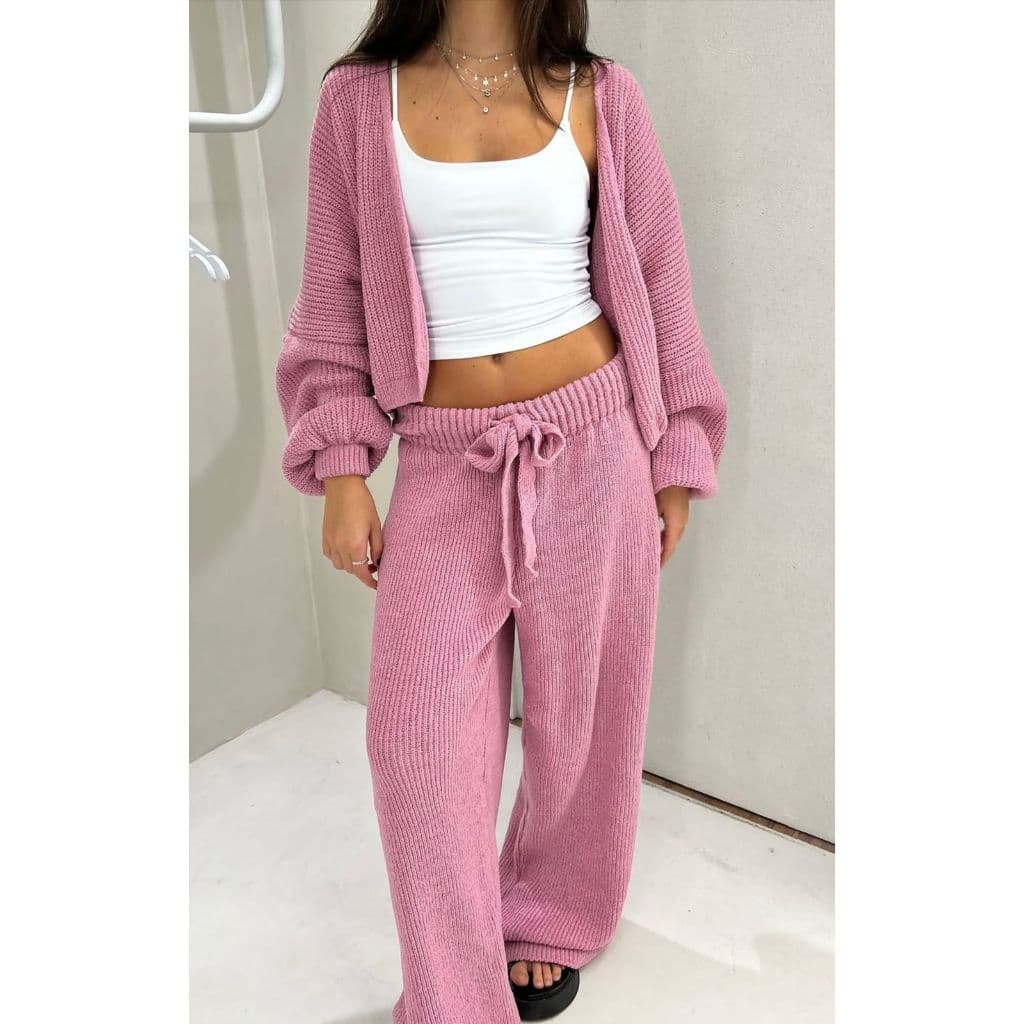 Conjunto Feminino de Tricot Mousse Premium Casaco Cardigan e Calça Com Amarração Tricô Fio Musse Moda Blogueira