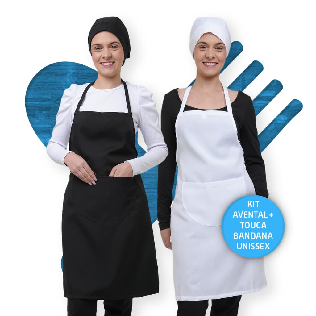 Kit Com Avental e Touca Bandana Uniforme Casa Unissex Restaurante Lanchonete Churrascaria