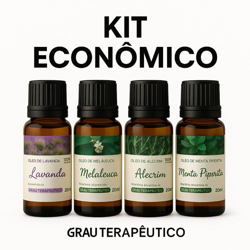 Kit Econômico com 4 Óleos Essenciais 100% Naturais – Melaleuca, Lavanda, Alecrim e Menta Piperita | Frascos de 20ml