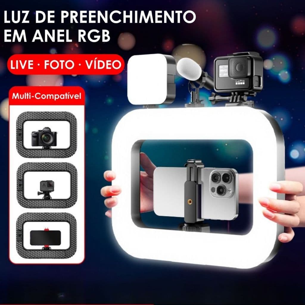 Ring Light Profissional RGB 5000mAh – Ring Light Celular com Tripé Ring Light e Controle Bluetooth