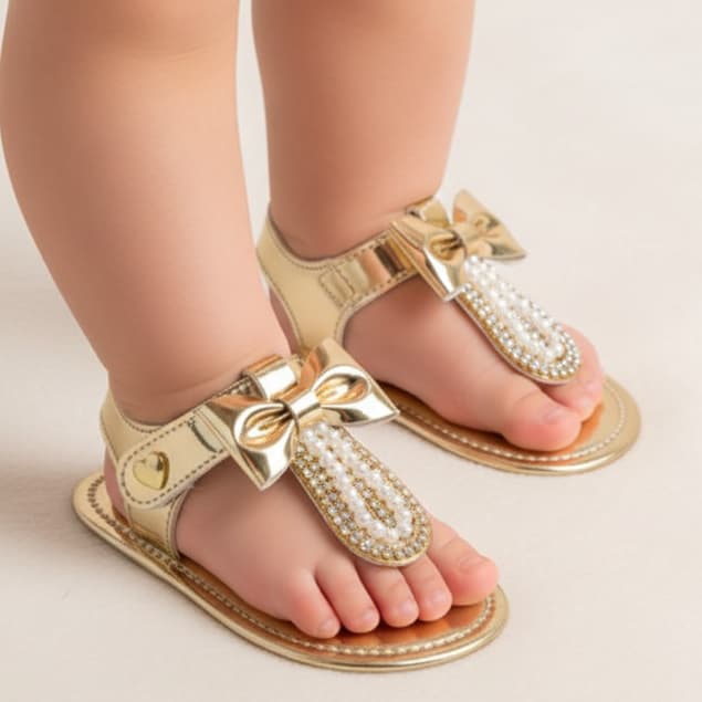 Sandália Bebê Menina Dourada Festa Dedinho Luxo Rasteirinha Laço Pérola Sapatinho Infantil RN Casamento Festa