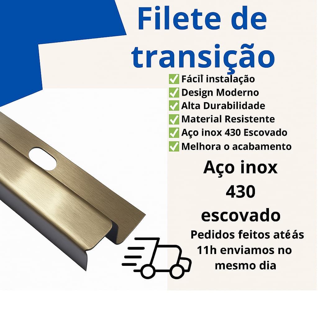 Perfil Filete P em Aço Inox Escovado- Acabamento Transição Divisor de Pisos Suporte Soleira Porta