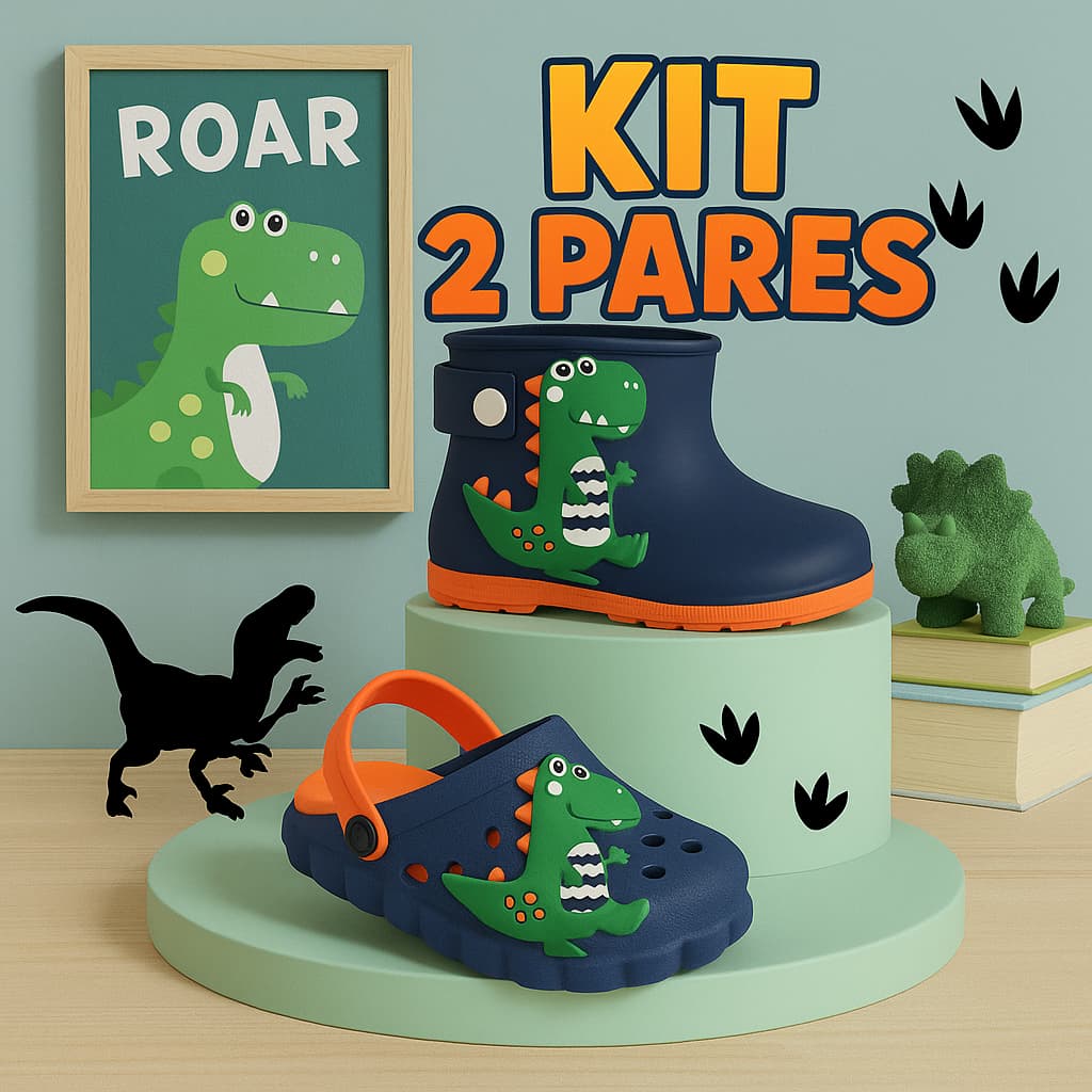 Kit 2 pares bota galocha babuche infantil masculino menino dinossauro dino escolar macia lançamento
