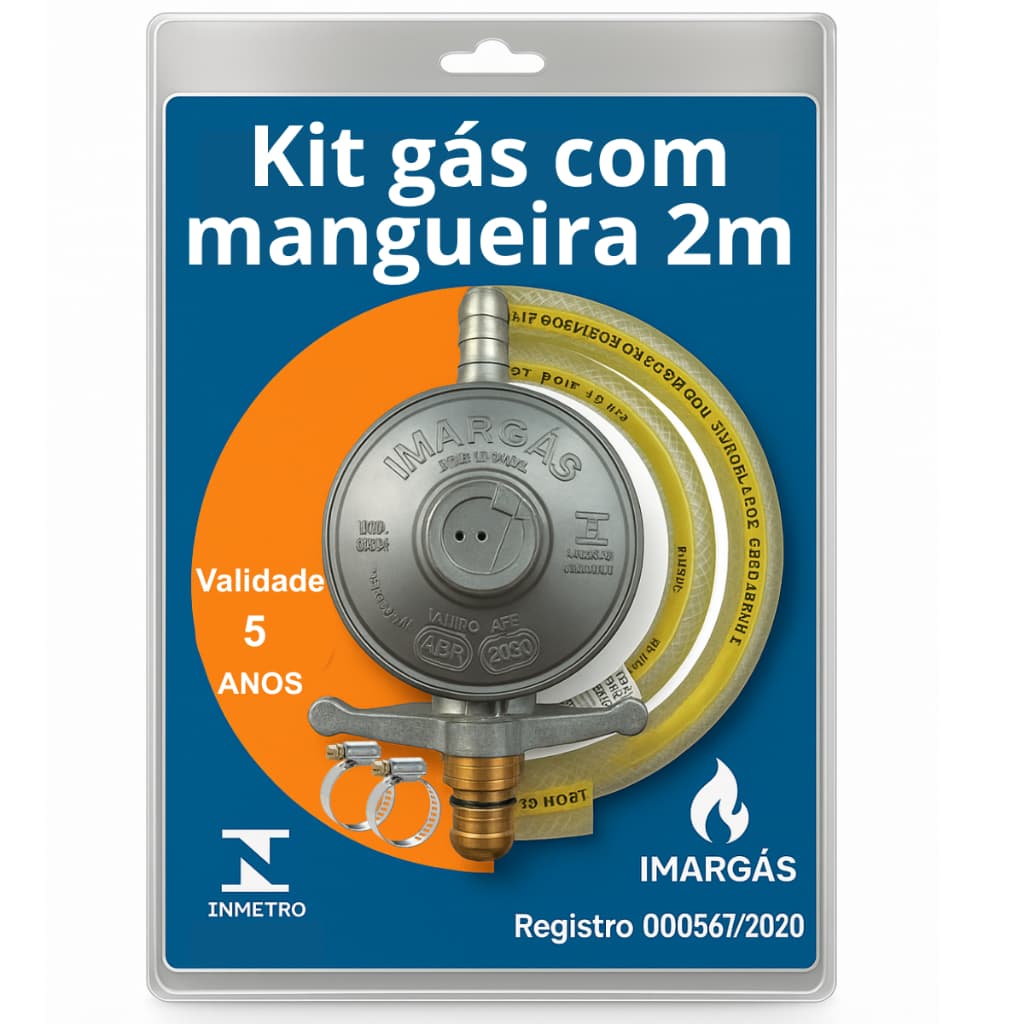 Kit Registro Regulador Gás de Cozinha para Botijão P13 Com Mangueira 2m e 2 Abraçadeiras