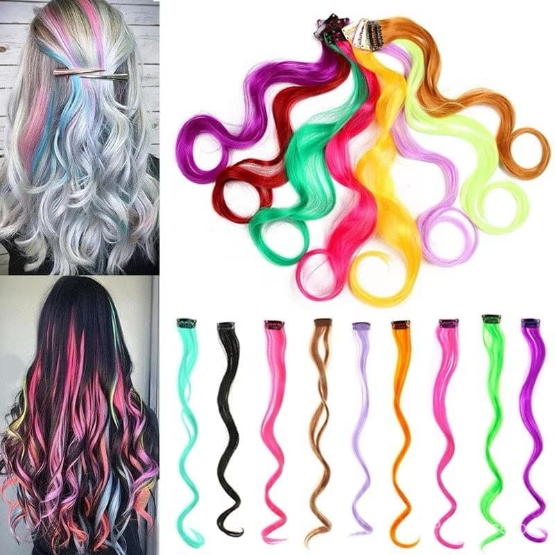 Kit com 1/3/6 Apliques de Cabelos Ondulados Moda Menina Colorido Mecha sintética de cabelo colorida