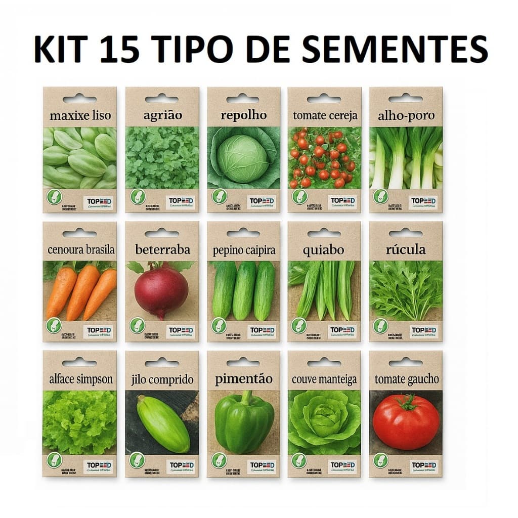 kit 15 Sementes Horta Verduras Cenoura Repolho Tomate Beterraba Jilo Rucula Maxixe Pimentao Alho Agriao Variadas