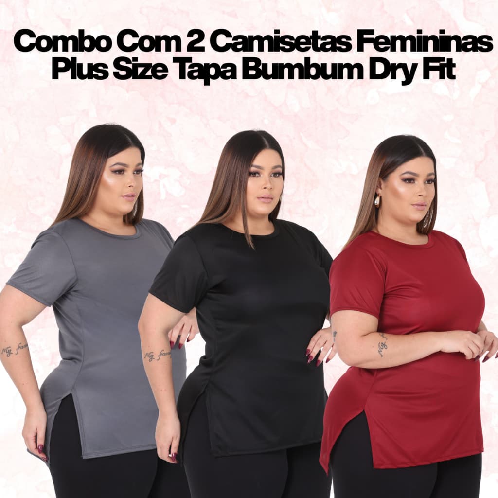 Kit 2 Camisetas Femininas Plus Size Tapa Bumbum Dry Fit Academia Fitness Alongada Treino Legging Confortável