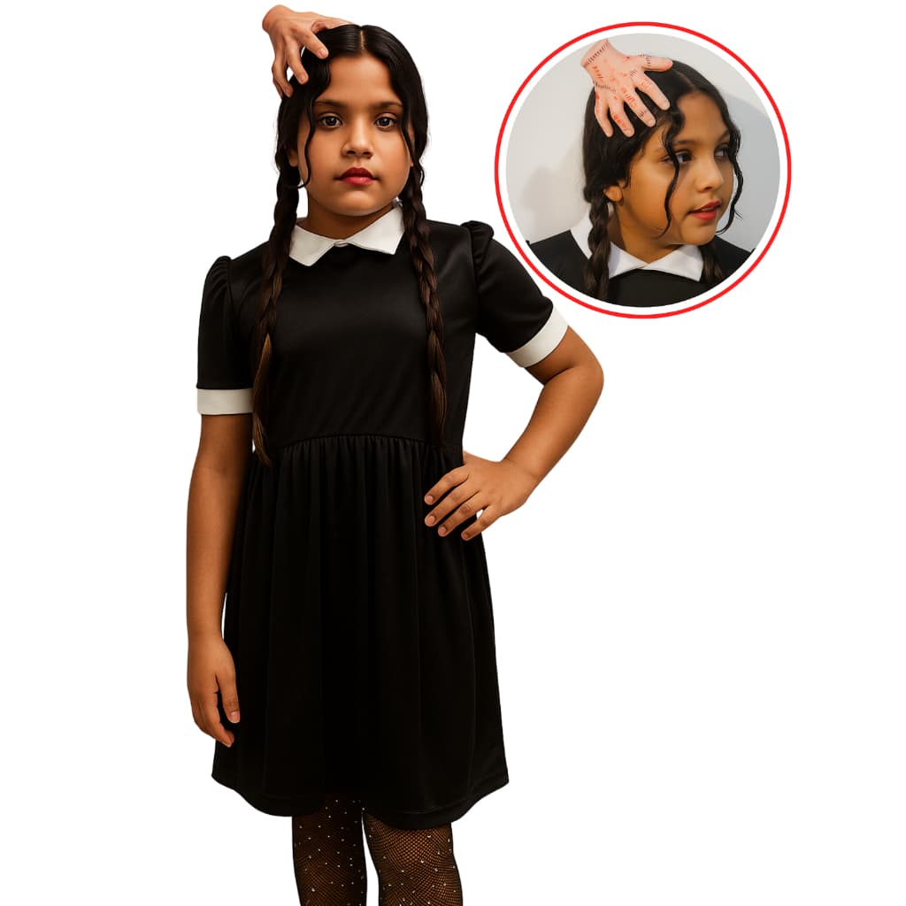 Kit Fantasia Carnaval Infantil Menina Vestido Wandinha + Mãozinha Tic Tac Vestido Vandinha Promoção