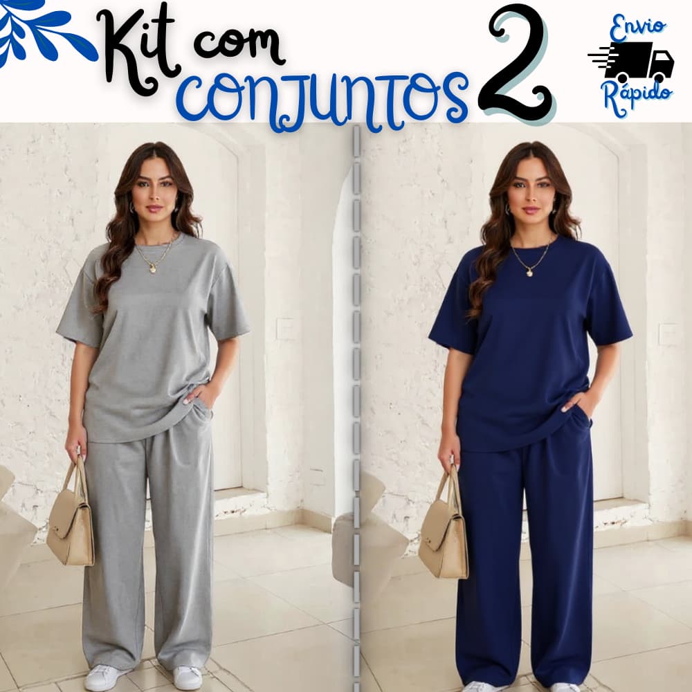 Kit com 2 Conjunto modelo blusa Over e calça pantalona feminina