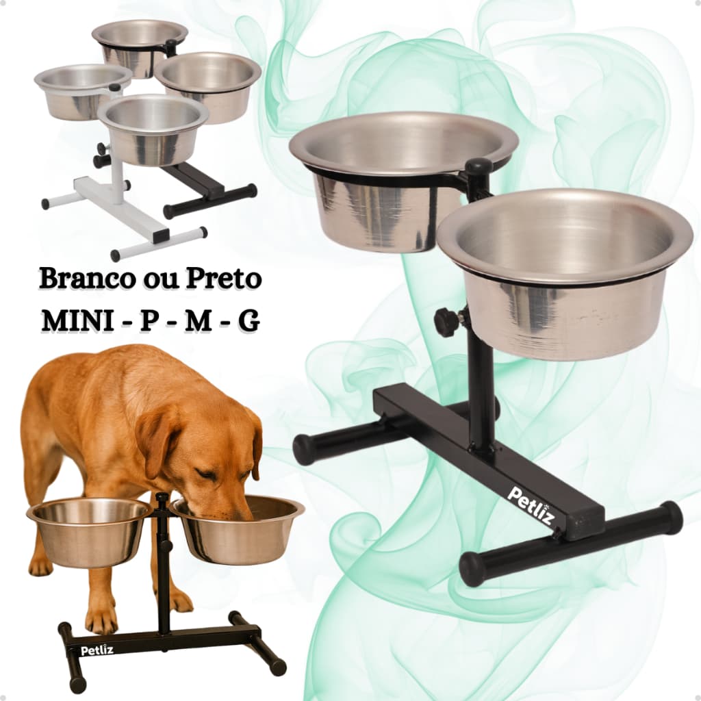Comedouro Duplo Elevado Alto Ajustável Regulável pra Cachorro P, M, G e Mini Gatos/Filhotes