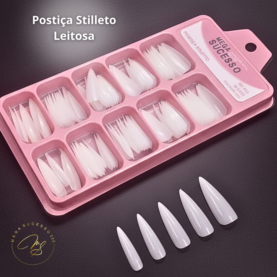 Unhas Postiças Mega Sucesso 100un  Vamps Extrema e Stiletto Transparente/Leitosa – SQ8558/8559/8560