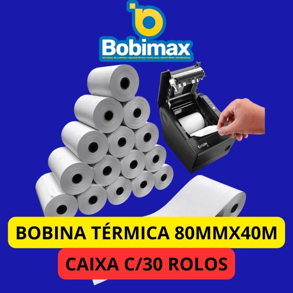 Caixa Bobina Térmica 80mm x 40m - 30 Unidades Branca para Impressora Cupom Fiscal