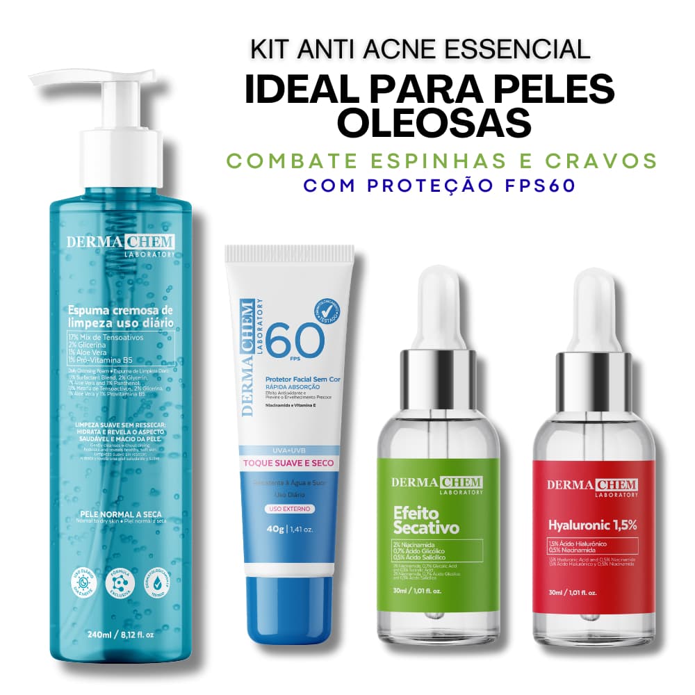 Kit Skincare Anti Acne Essencial COMBATE Pele Oleosa Acne e Manchas de Espinha Dermachem