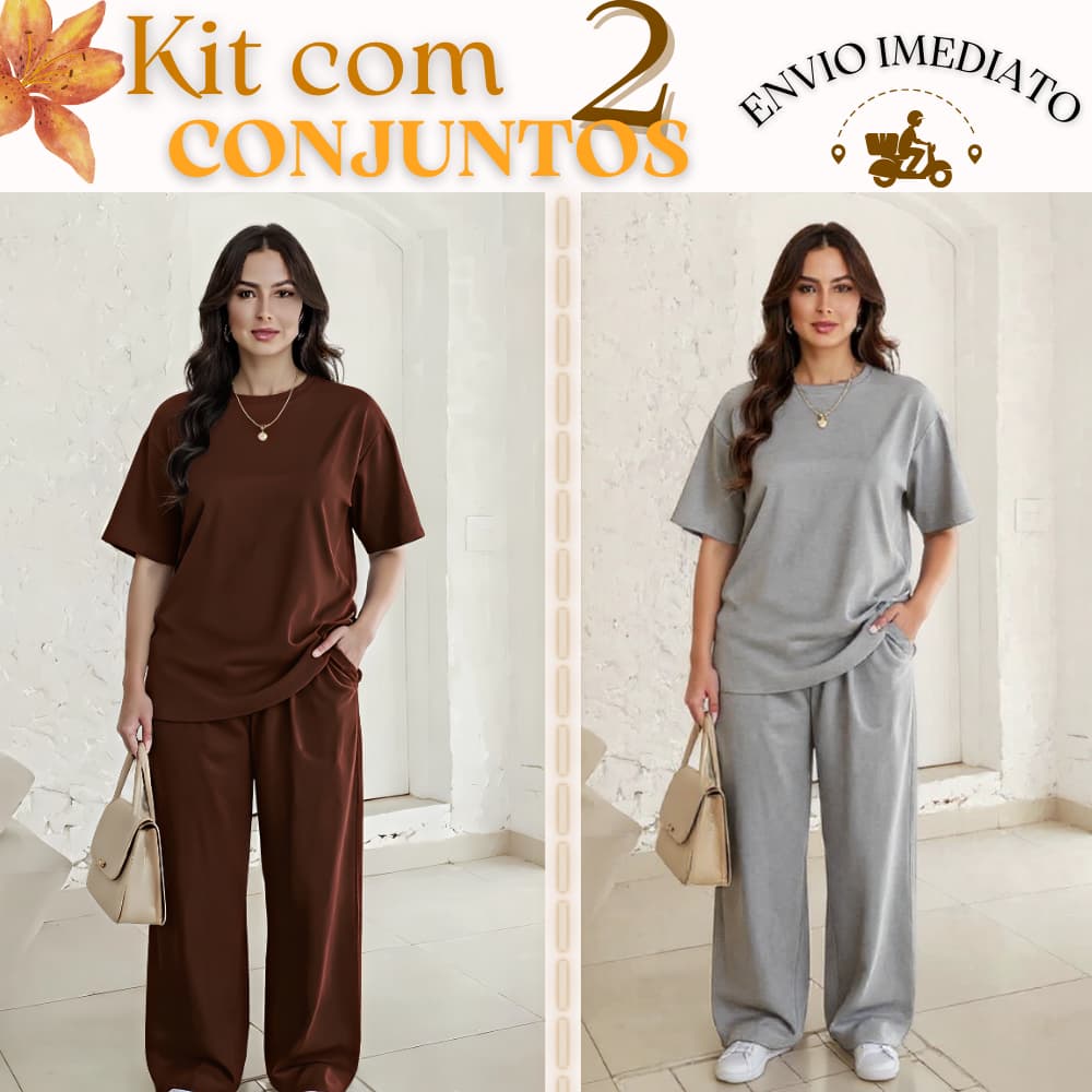 KIT COM 2 CONJUNTOS DE CALÇA MODELO PANTALONA E CAMISETA OVER FEMININA