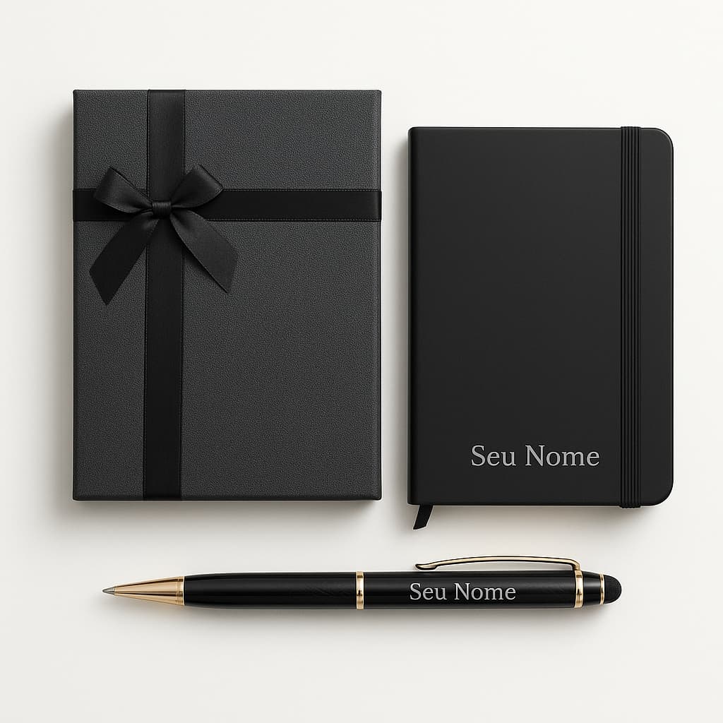 Kit Presente Personalizado – Bloco de Notas + Caneta + Caixa Elegante