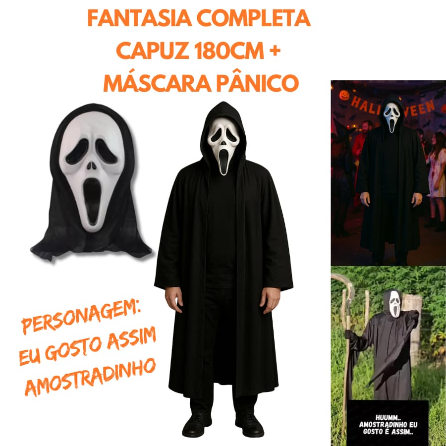Fantasia Panico  Máscara Pânico Fantasia Halloween EU GOSTO ASSIM AMOSTRADINHO CAPUZ PRETO FANTASIA MASCULINA FESTA BRUX