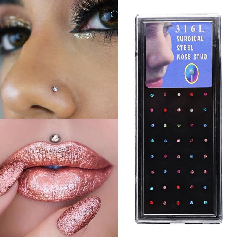 Kit Com 40 Piercing de Nariz Cristal Reto/Dobrar lindo aço inox
