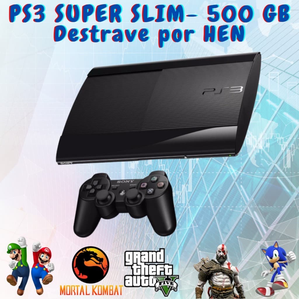 PS3 SUPER SLIM 500 GB *H.E.N*. COM 1 CONTROLE - ENVIO FILMADO E FOTOGRAFADO SONY - PLAYSTATION