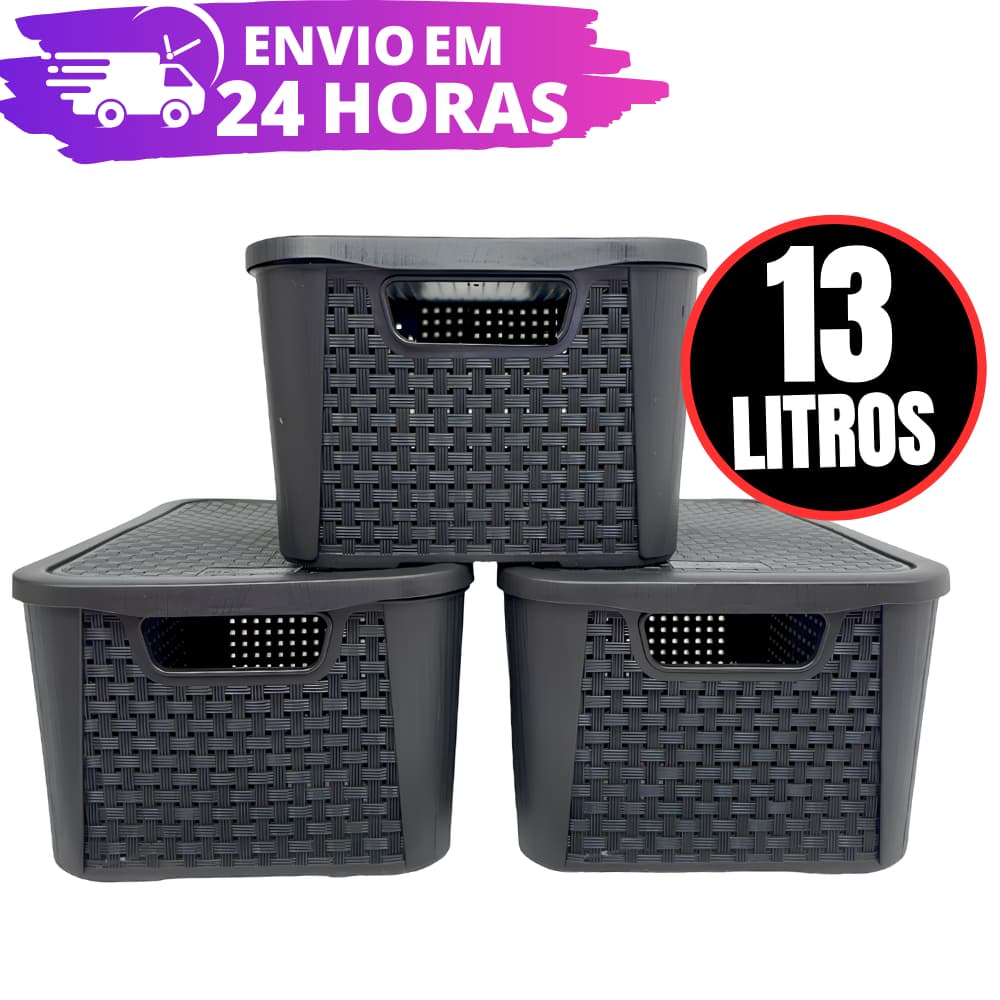 Kit 3 Caixas Organizadora Rattan REFORÇADA - 13 LITROS