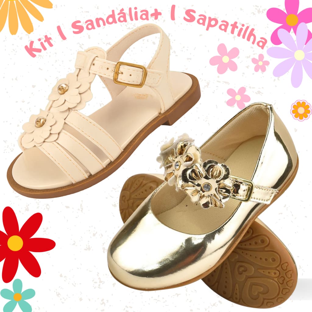 Kit Infantil Menina Flor Sandália Sapatilha 2 em 1 Boneca Verniz Delicada Confortável Moda Fivela