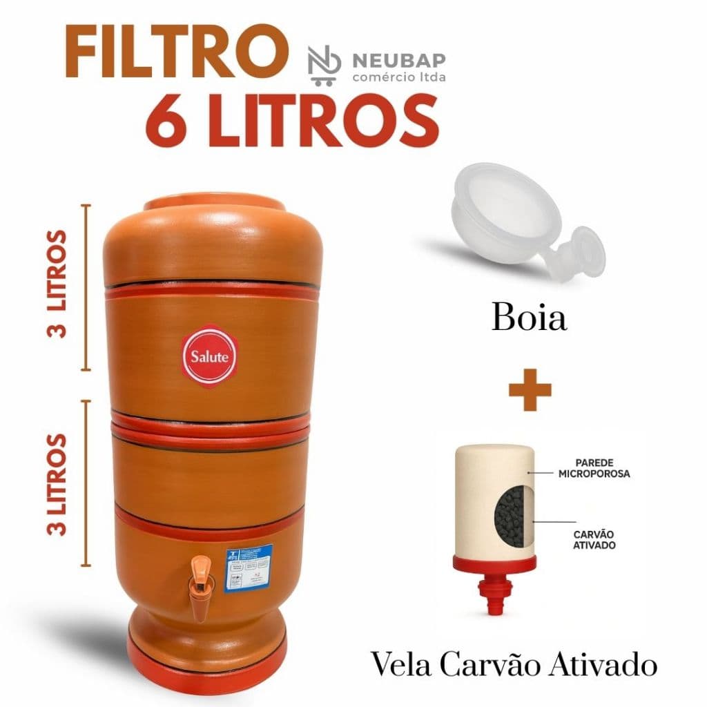 Filtro de Água de Barro 6 L + Vela Carvão Ativado + Boia Grátis + Acessórios
