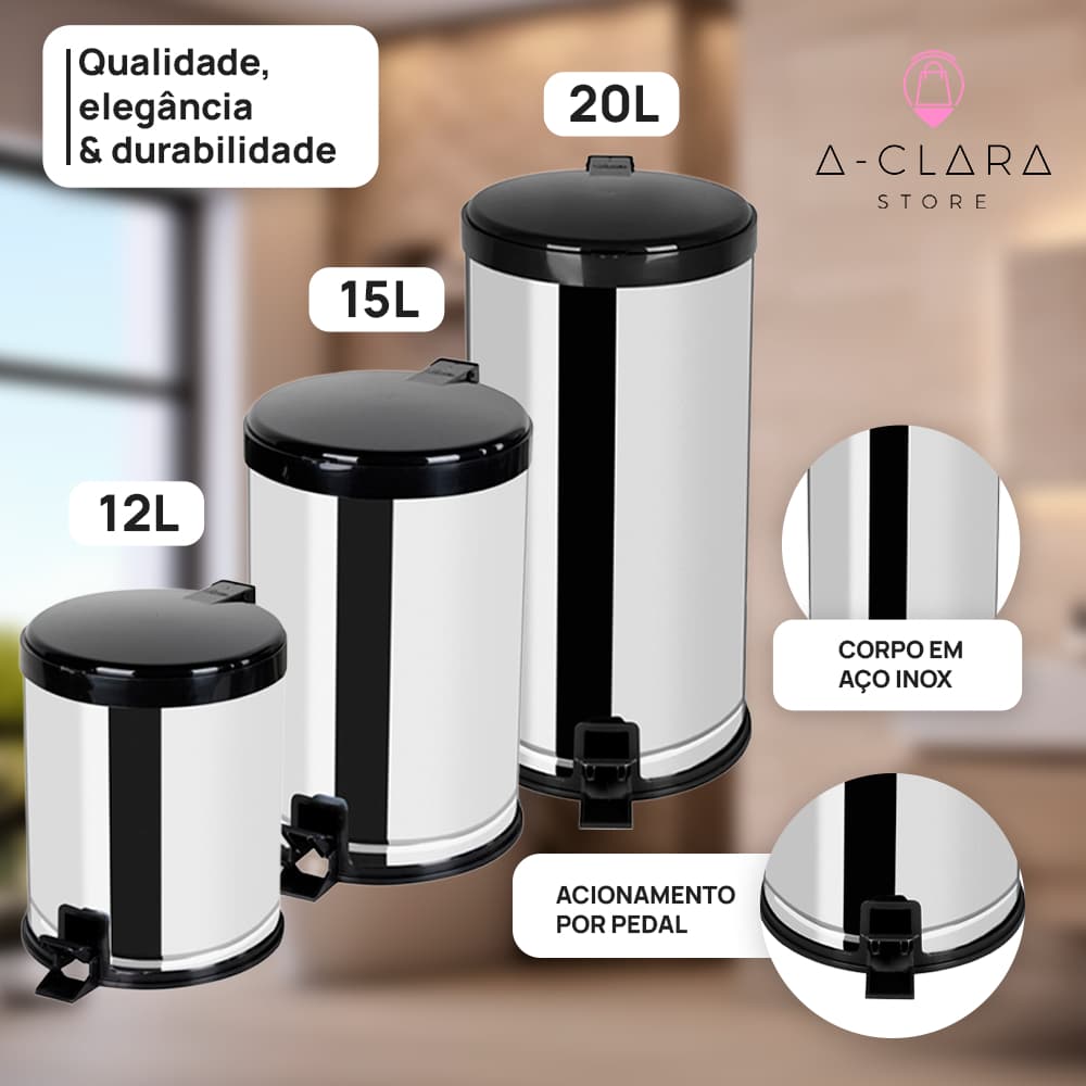 Lixeira Viel Inox 12L 15L 20L com Pedal e Tampa  Para Cozinha Banheiro Cesto de Lixo