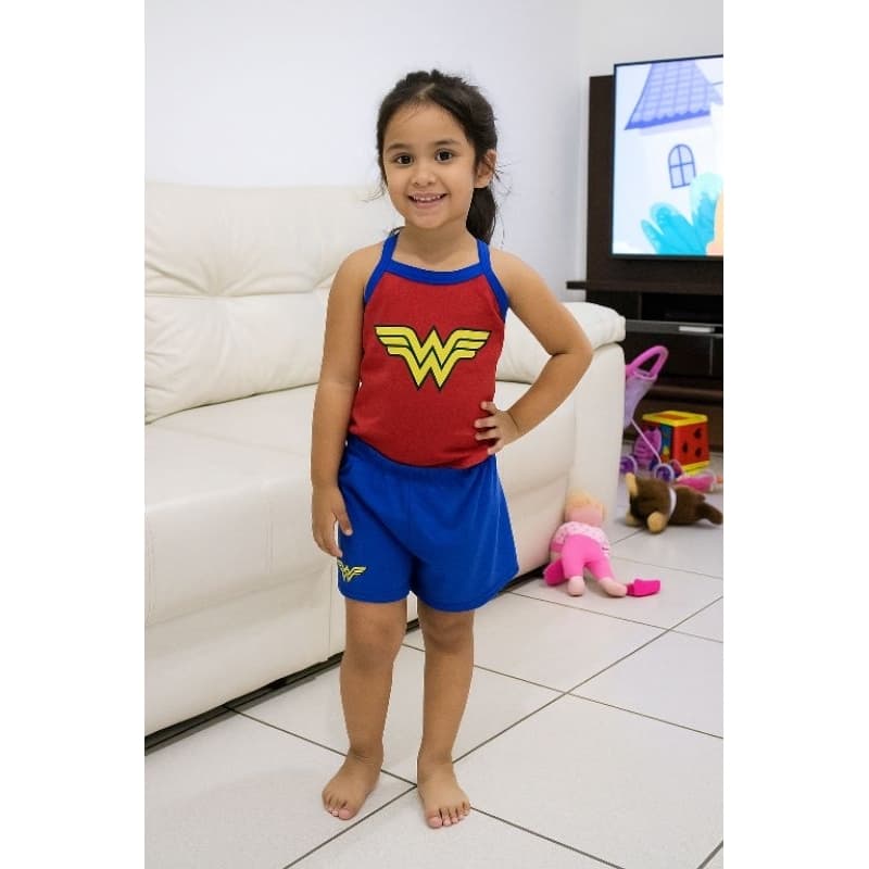 Baby Doll Infantil Feminino verão pijama curto Mulher Maravilha