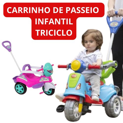 Carrinho de Passeio Infantil Triciclo Avespa - Colorido, função 2 em 1 - Passeio ou Pedal