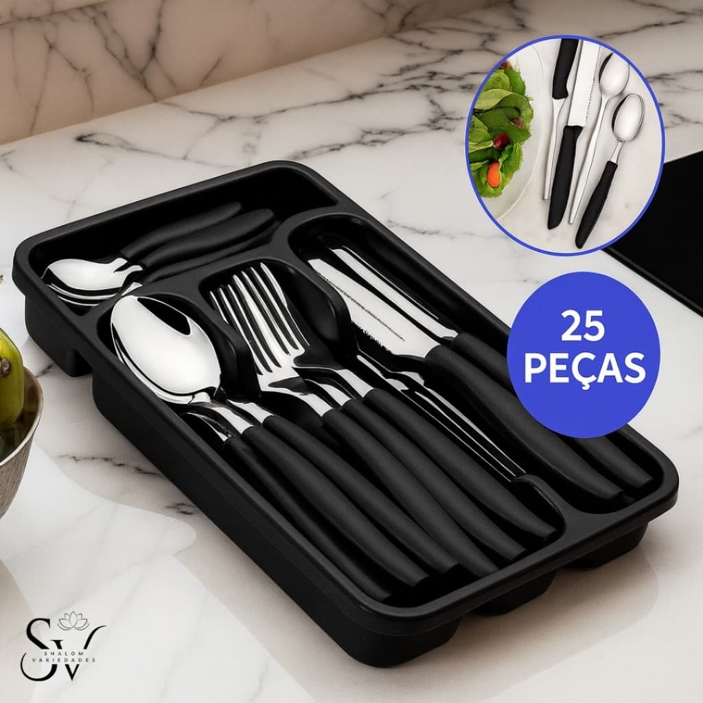 Conjunto de Talheres Aço Inox 24 Peças + Suporte Organizador - Alta Qualidade