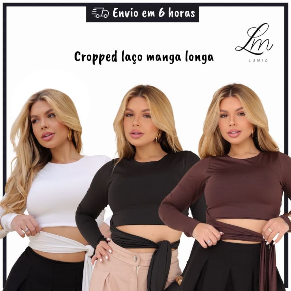 Blusa Cropped Feminino Manga Longa Com Laço Amarração Lateral Suplex Lançamento