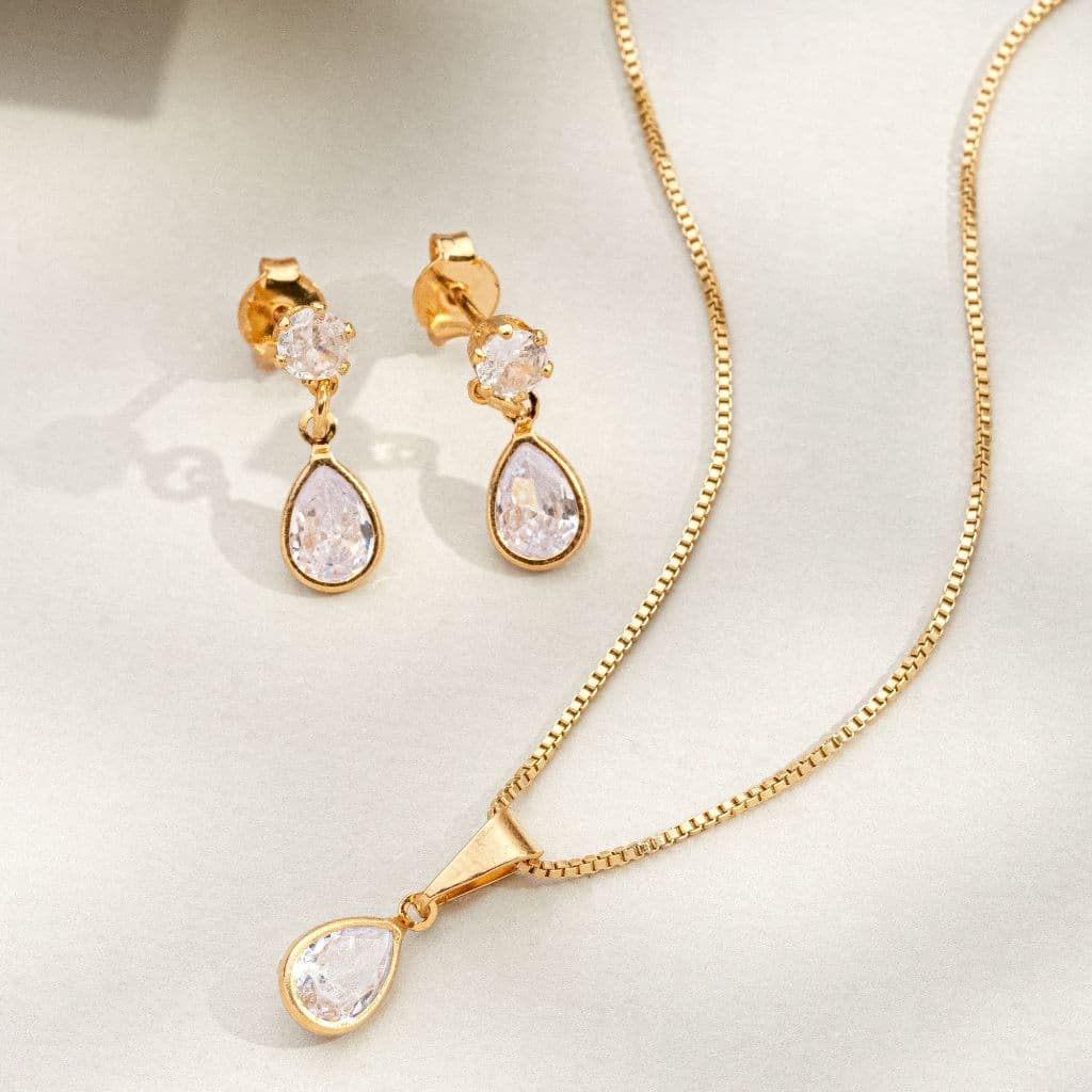 Conjunto Brinco e Colar Infantil Gota Zirconia Banhado Ouro 18K