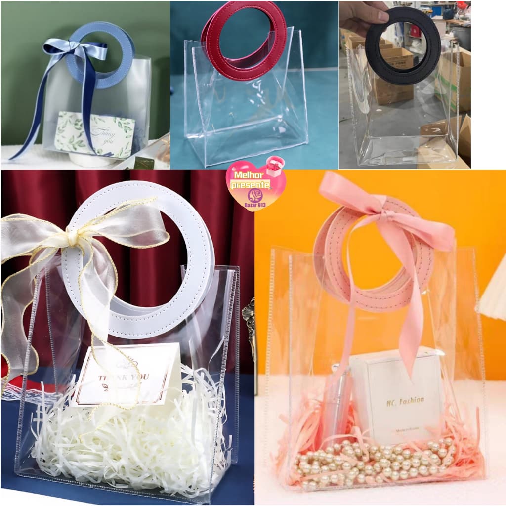 10 Bolsas de Presente Transparentes Alça Redonda Embalagem Para Lembrancinha Festa e Natal Ano Novo Varias Tamanhos
