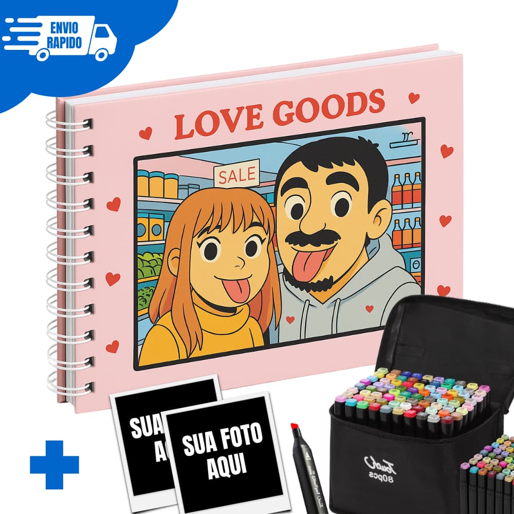 Livro de Colorir Casal Love Goods Personalizado + 20 Polaroids Adesivos Capa Dura Papel Offset 180g