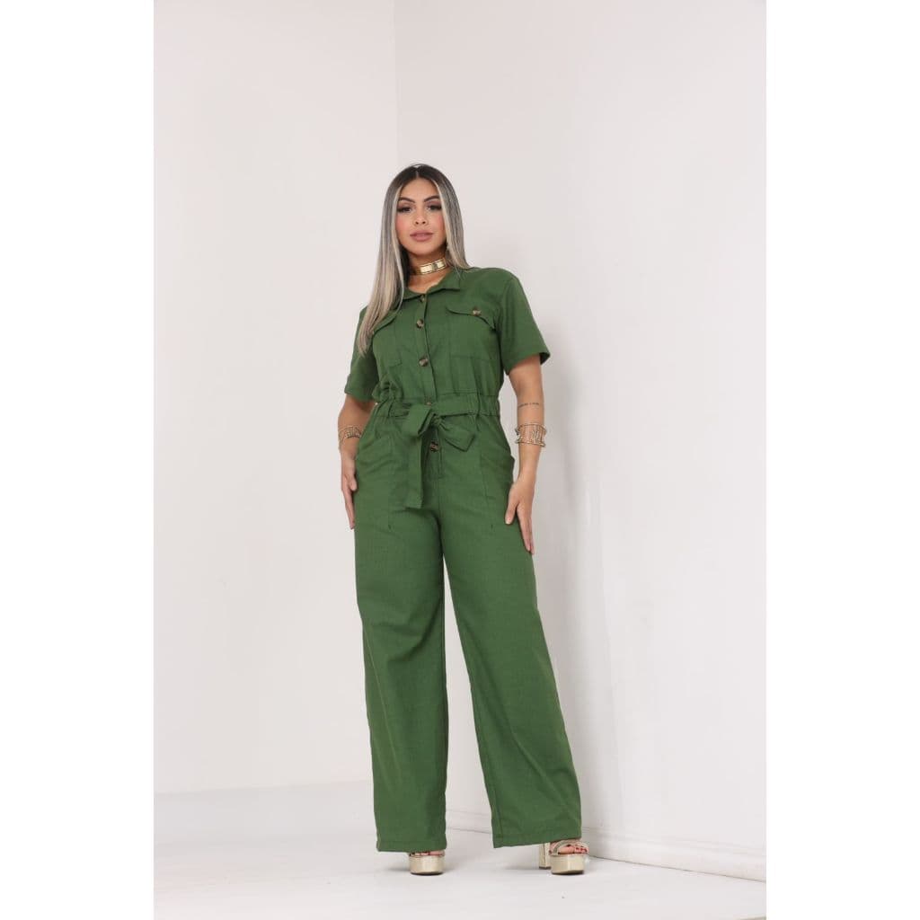 Macacão Feminino Linho com Amarração na Cintura elegante e Botões Frontais