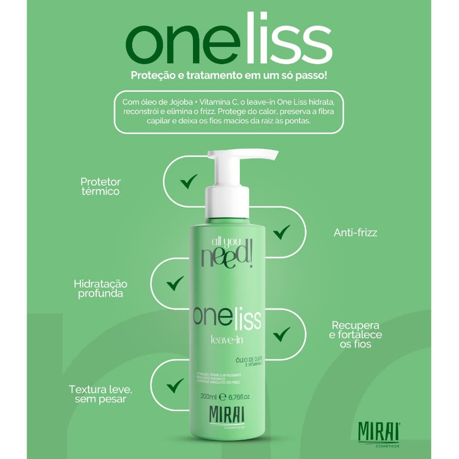 Leave-In OneLiss Protetor Térmico 200ml Fios Alinhados e Sem Frizz Reconstrutor Capilar Mirai