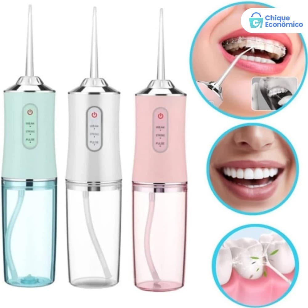 Irrigador Dental Oral Recarregável Higiene Limpeza Bucal Jato Água Fio Dental Limpador de Dente Kit 3 em 1 USB