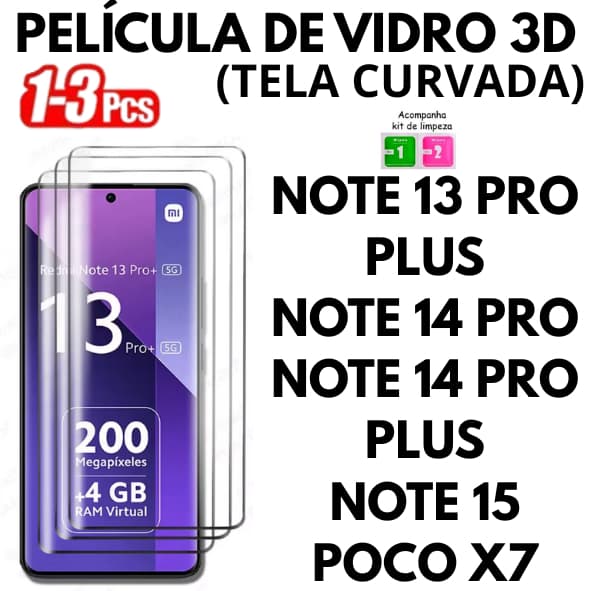 Película De Vidro 3D Temperado Para Redmi Note 13 PRO PLUS/14 PRO PLUS/15 POCO X7 (TELA CURVADA)