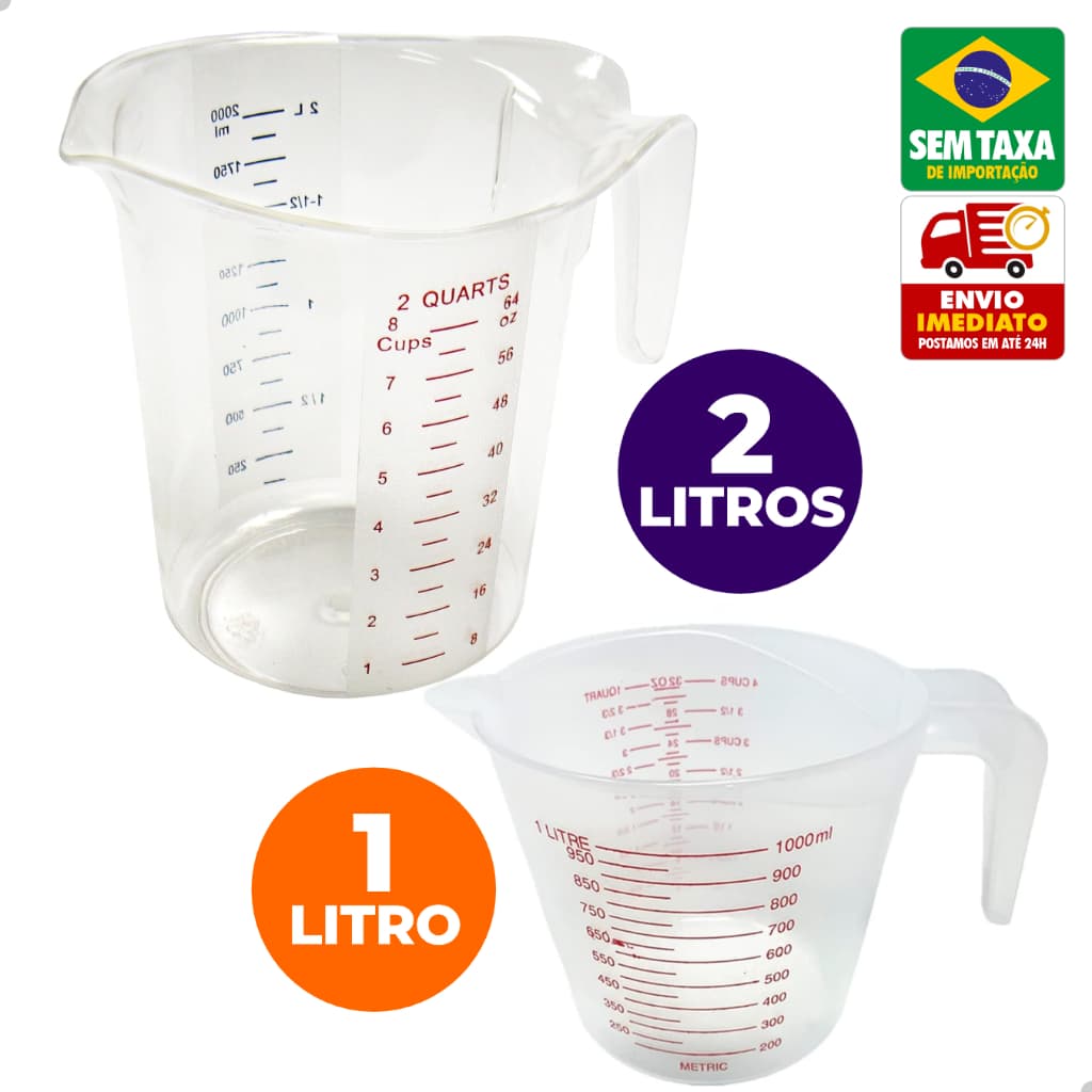 Kit Jarra Medidora de Plástico 1 e 2 Litros Cozinha com Alça Bico Preciso e Durável