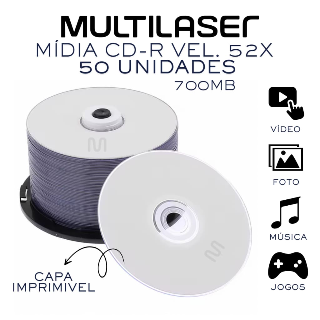 50 Midia Cd-r Virgem Multilaser Cd 52x 700mb Cdr Gravável