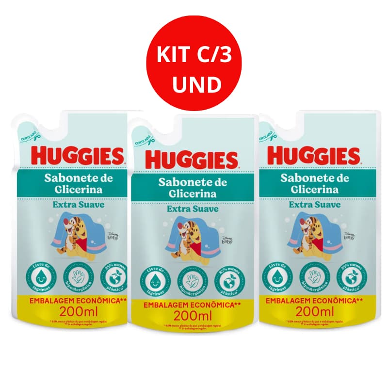 KIT C/3 Refil Sabonete Líquido Infantil Huggies Extra Suave Da Cabeça aos Pés 200ml