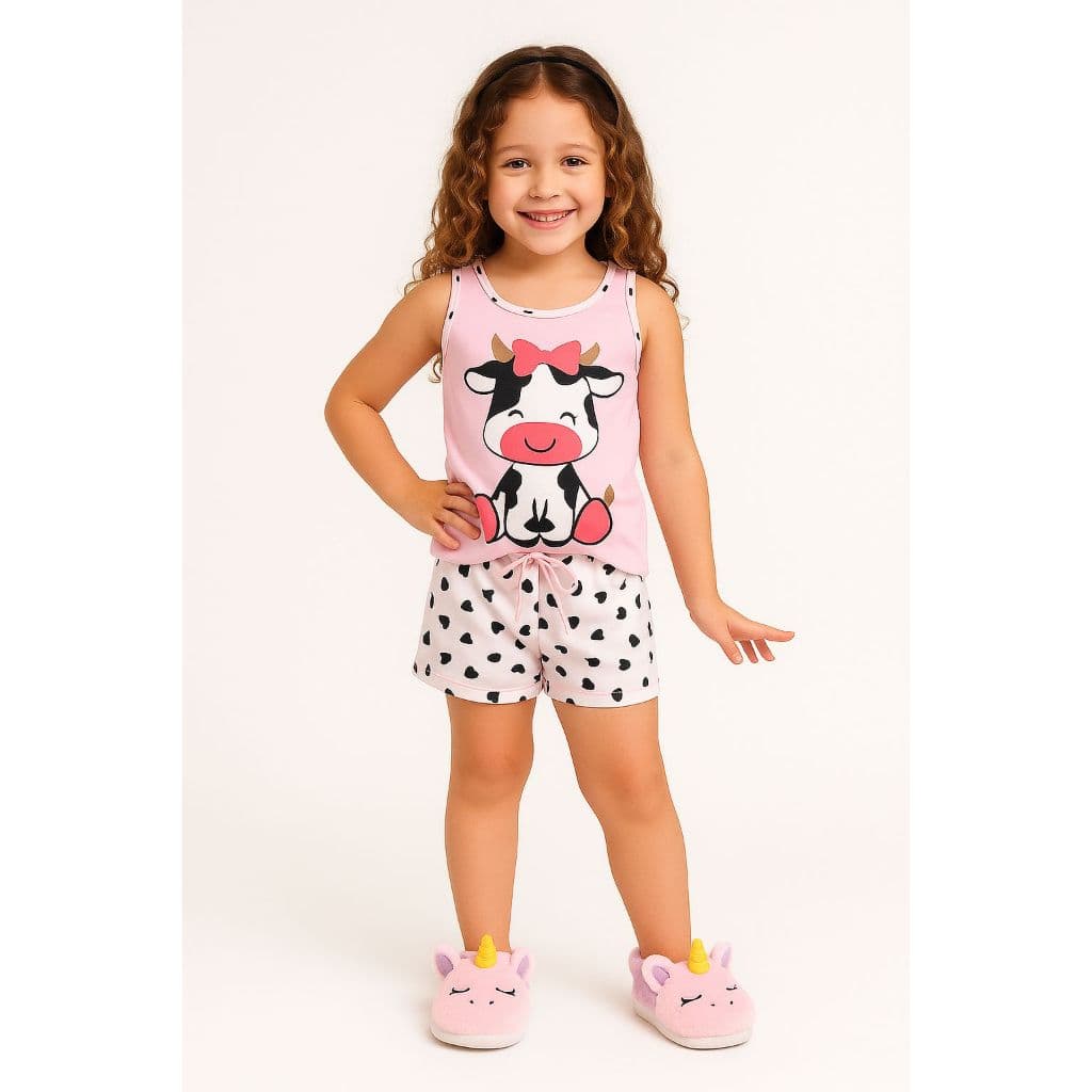 Conjunto Pijama vaquinha  infantil menina regata e short  verão juvenil personagem  confortável estiloso conjunto