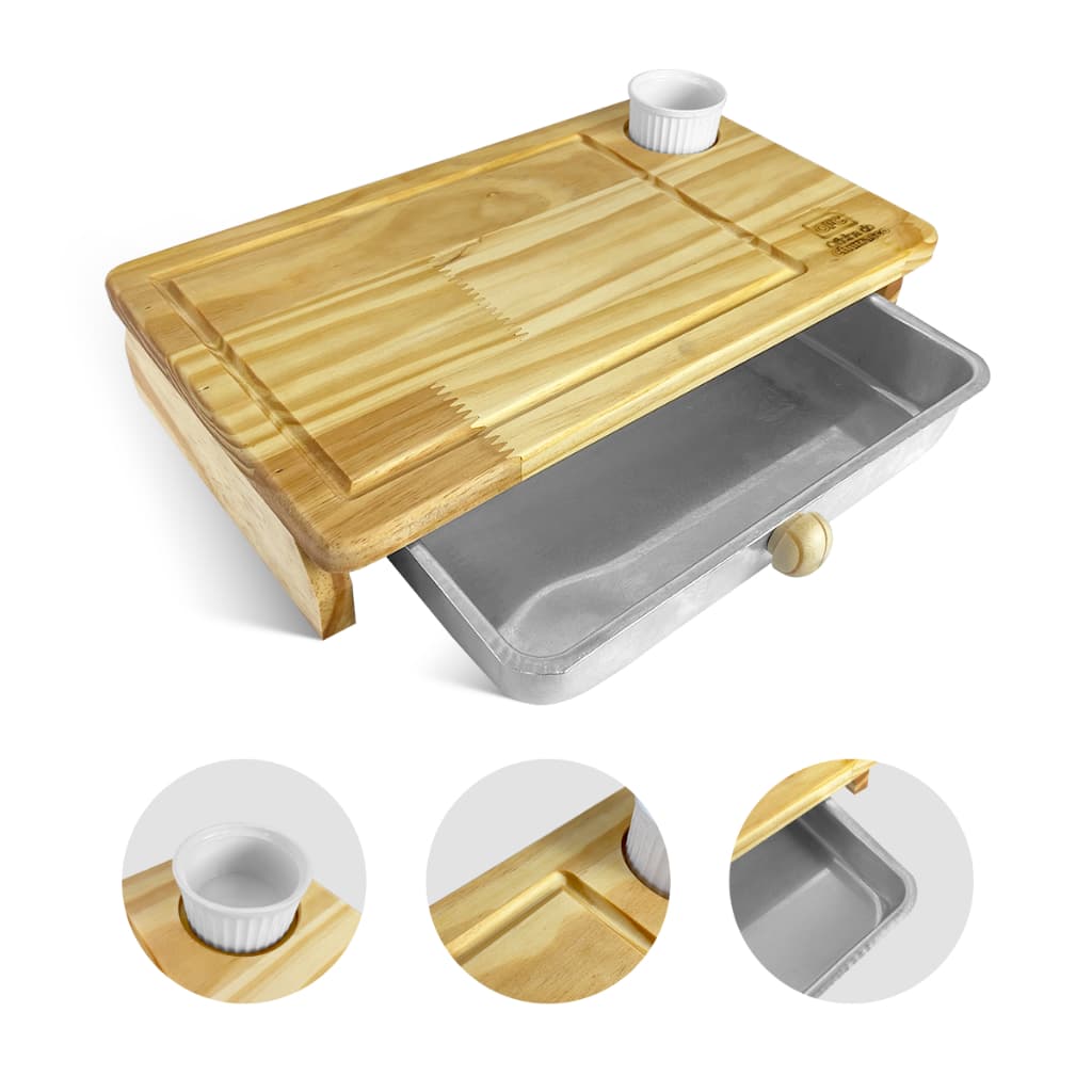 Tábua De Carne Churrasco Com Bandeja E 1 Porta Molho Madeira Premium