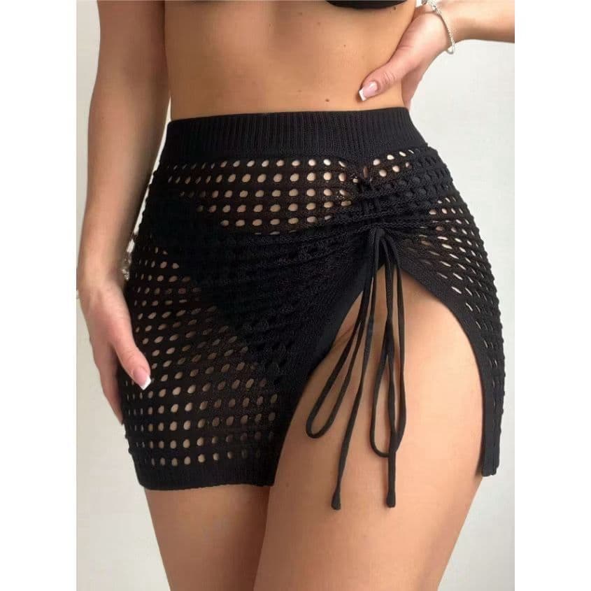 Saída de Praia Saia Crochê Tricot com Cordão Lateral fenda carnaval festa na praia